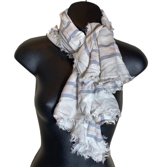 A new day square raw edged plaid scarf white/blues/orange - Picture 1 of 4